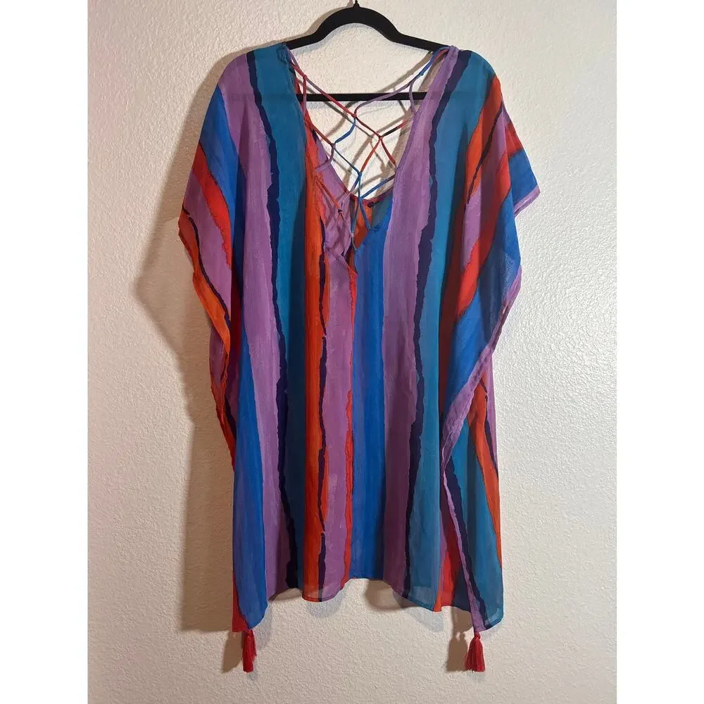 Palisades Beach Club Size XL/XXL Sheer Swimsuit Cover-Up Tassels Multicolor